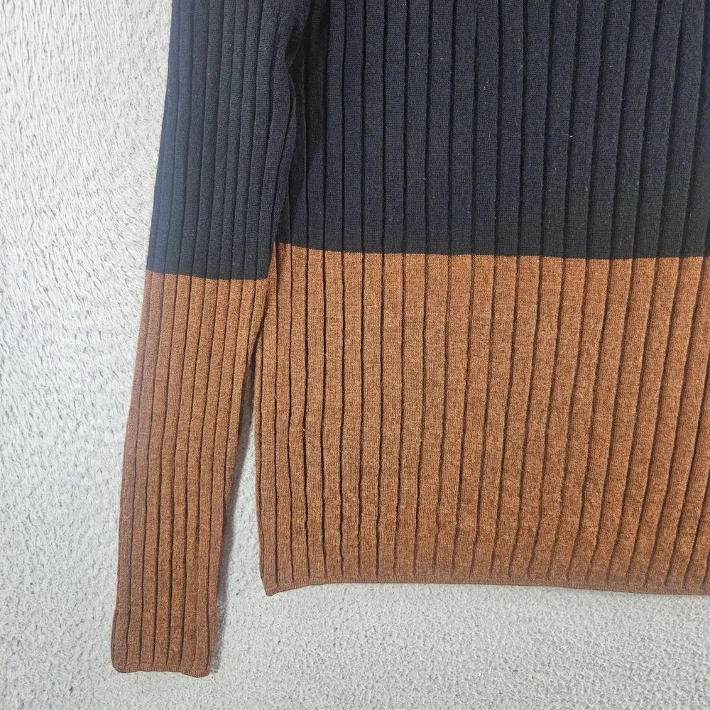 Banana Republic 100% Merino Wool Ribbed Colorblock Mock Neck Sweater Black Brn L